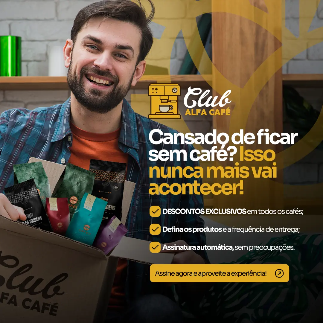 Plano Premium do Club Alfa Café — caixa com 250g de café especial, guia de degustação e ficha técnica